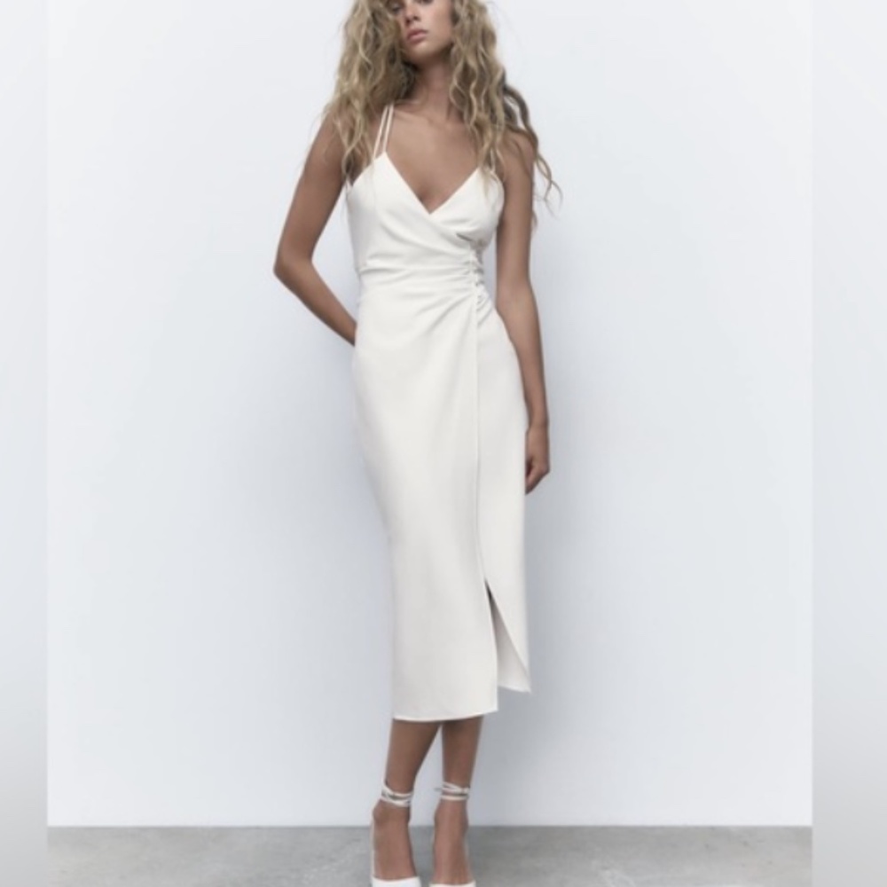 ZARA WHITE BUTTON CINCHED WAIST STRETCH MIDI MAXI SLIP DRESS Sz. S